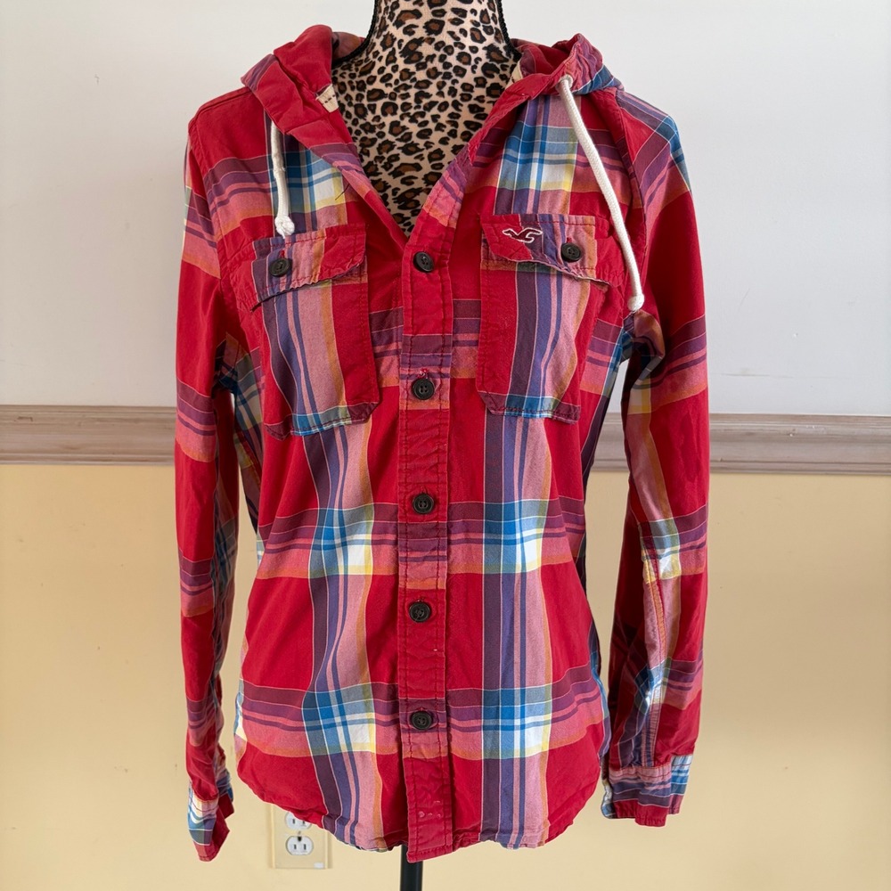 Hollister Women Y2K Red Plaid Hooded Flannel Shirt‎ Button Up Long Sleeve Small